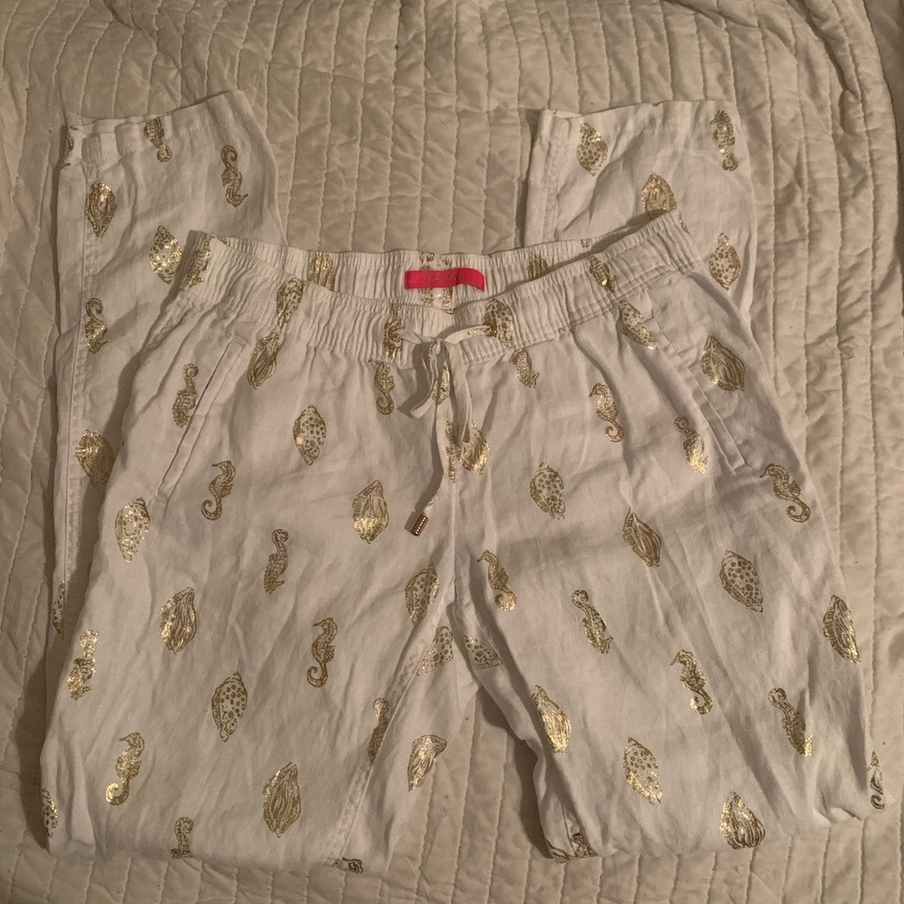 Lilly Pulitzer White Linen Pant Womens Size M Gold Sea life